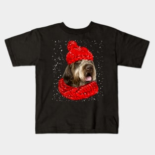 Wirehaired Pointing Griffon Wearing Red Hat And Scarf Christmas Kids T-Shirt